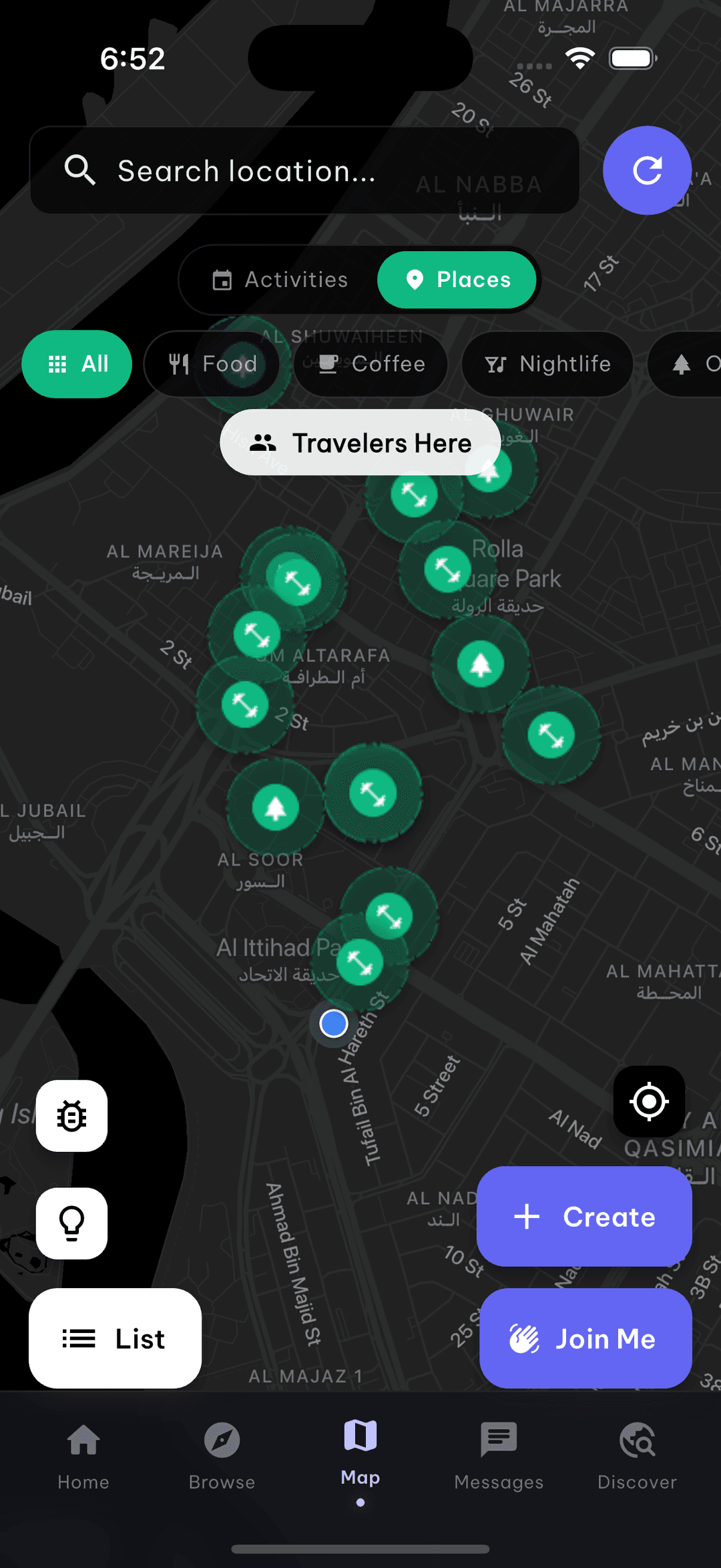 Meetex map view showing nearby activities