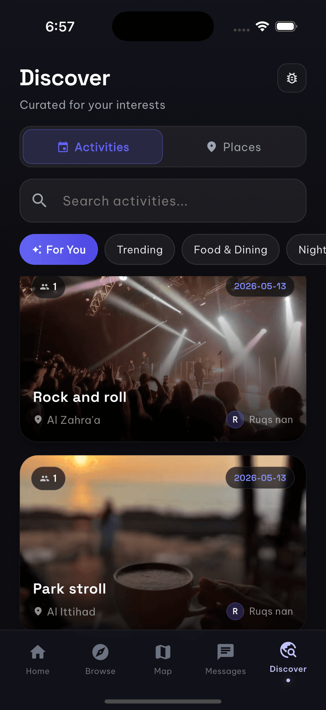 Browse and filter local activities by category, distance, and date